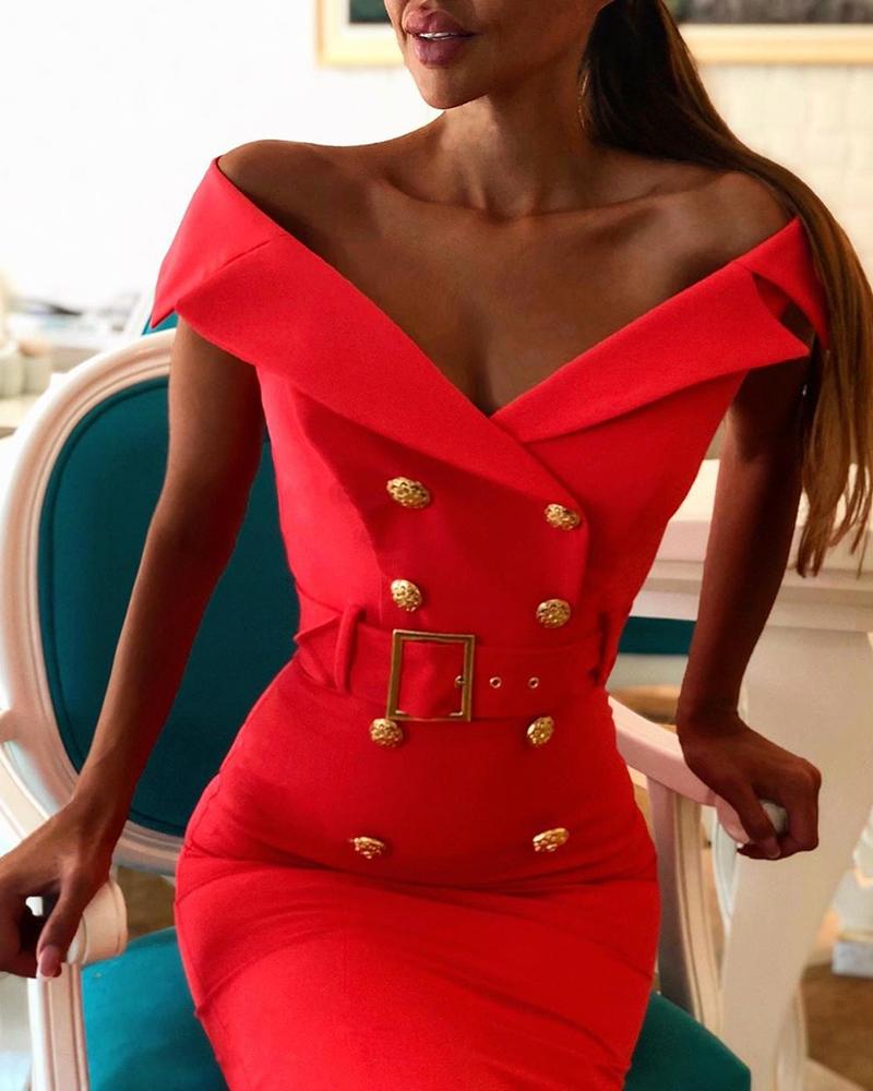 

Solid Double Breasted Belted Bodycon Dress, Red