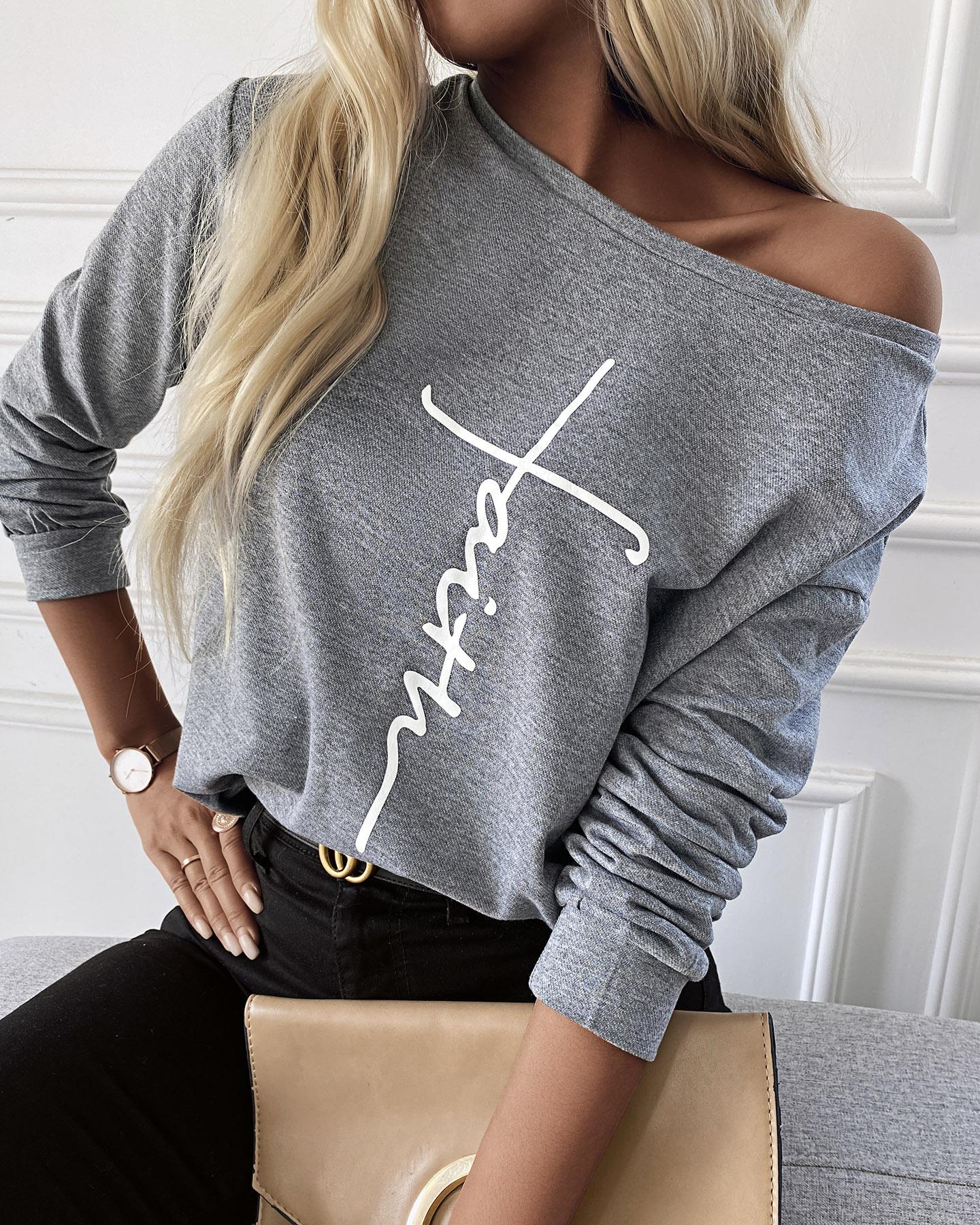 

Letter Print Long Sleeve Round Neck Sweatshirt, Gray