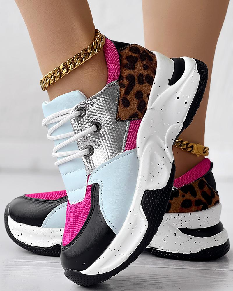 

Leopard Snakeskin Print Colorblock Lace-up Muffin Sneakers, White&rose red