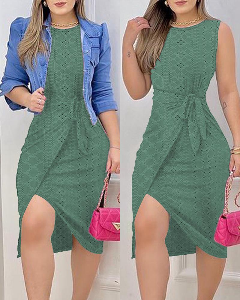 

Eyelet Embroidery Tied Detail Slit Casual Dress, Green