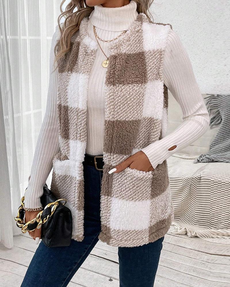 

Plaid Pattern Pocket Design Teddy Vest Coat, Khaki