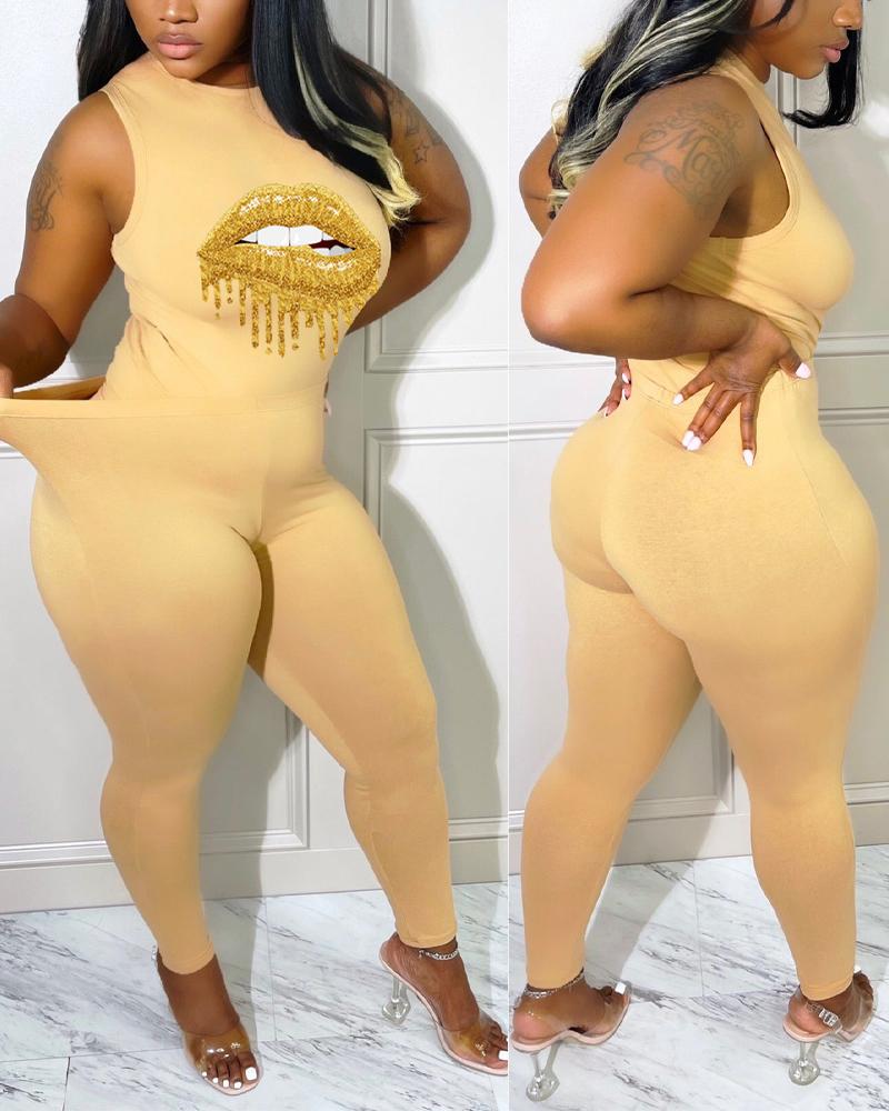 

Lip Print Casual Tank Top & Skinny Pants Set, Apricot