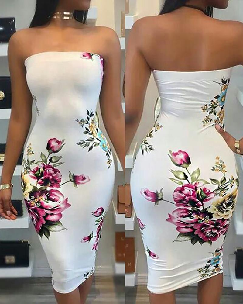 

Bandeau Sleeveless Floral Print Skinny Dress, White