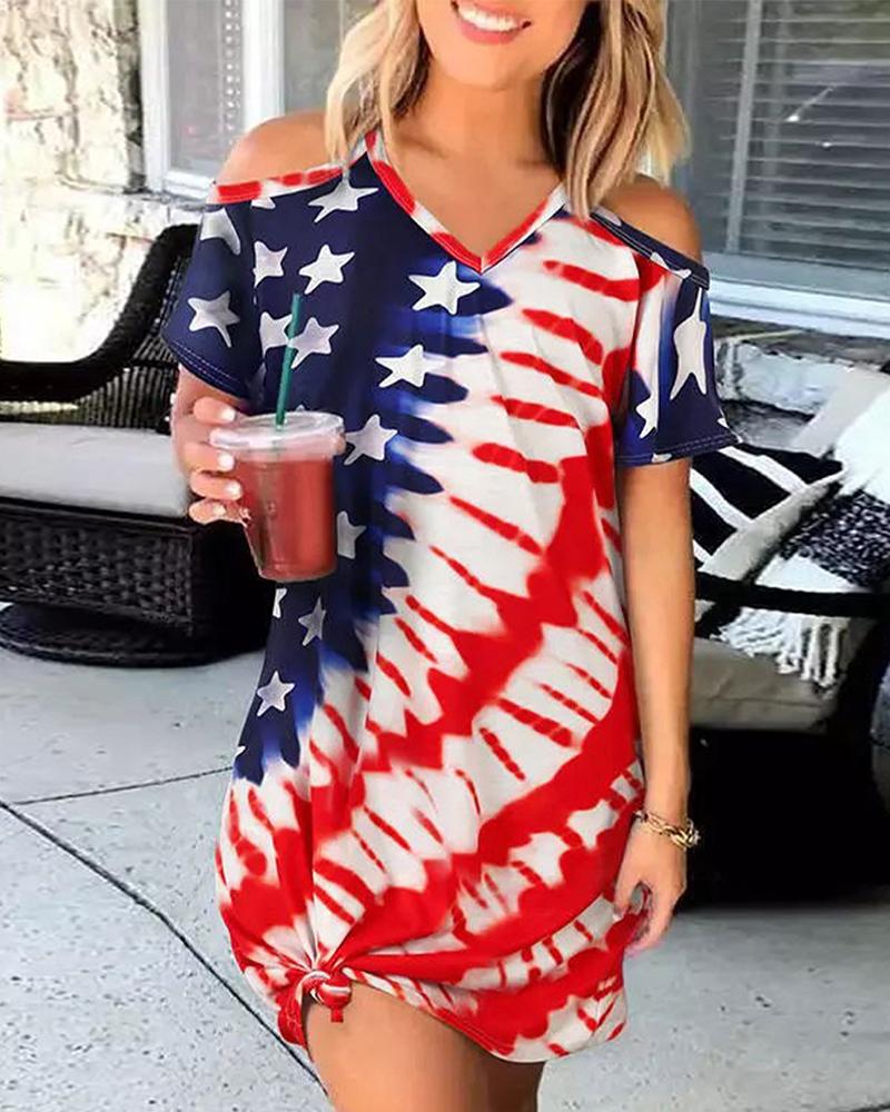 

Flag Print Cold Shoulder Casual Dress, Multicolor