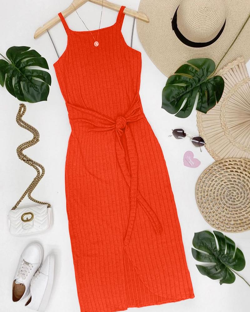 

Tied Detail Sleeveless Slit Dress, Orange