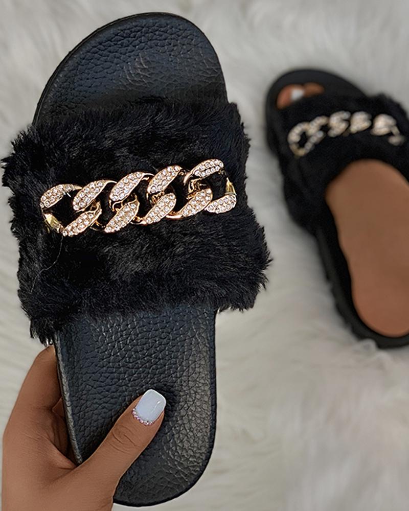 

Chain Strap Open Toe Sutdded Fluffy Slippers, Black