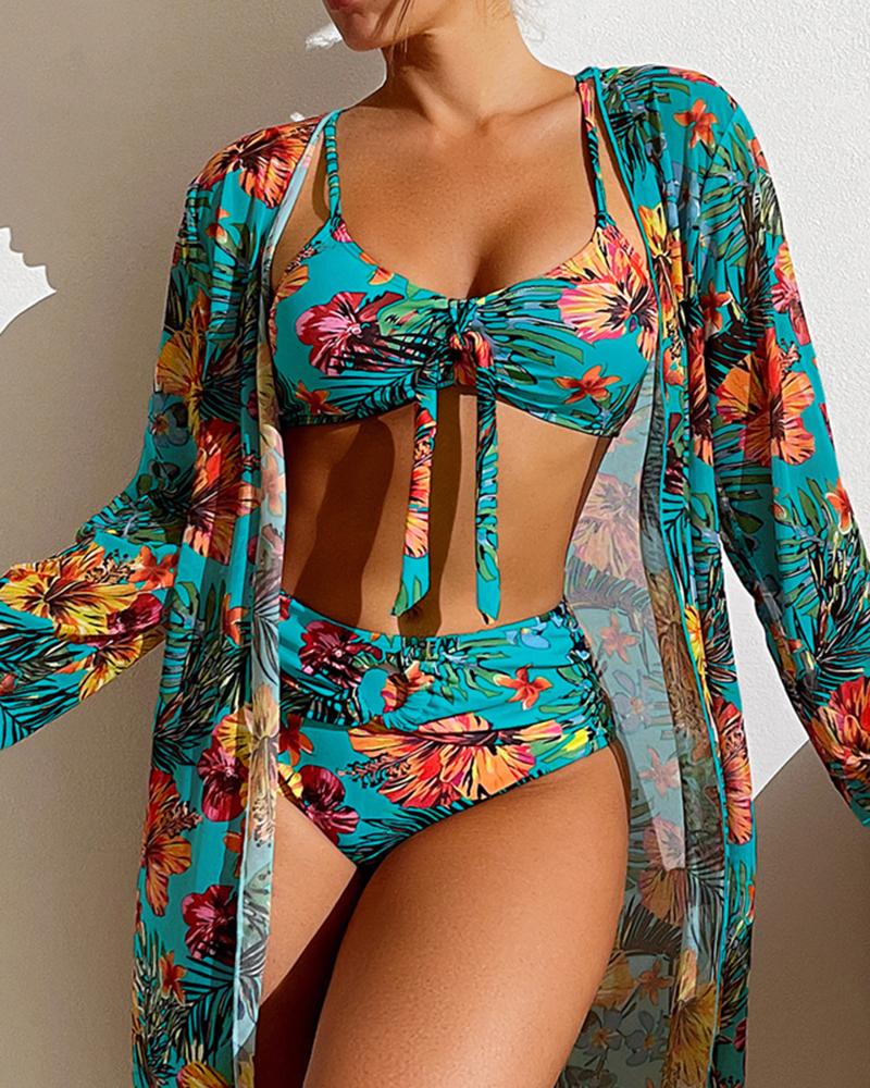 

3PCS Tropical Print Tied Detail Bikini Set With Cover Up, Blue