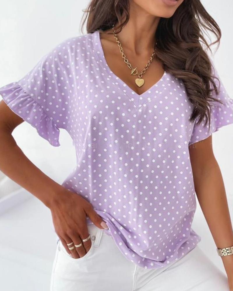

Polka Dot Ruffles Sleeve Loose Blouse T-shirts, Purple