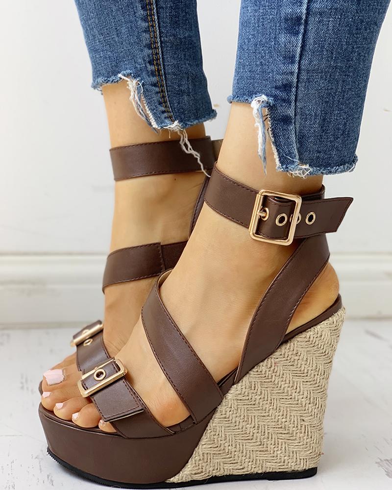 

Buckled Detail Espadrille Wedge Sandals, Coffee