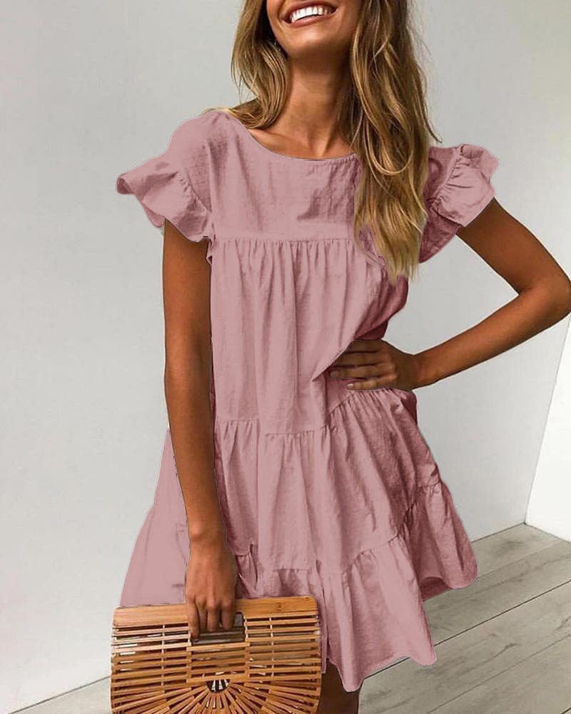 

Round Neck Ruffles Ruched Casual Dress, Pink