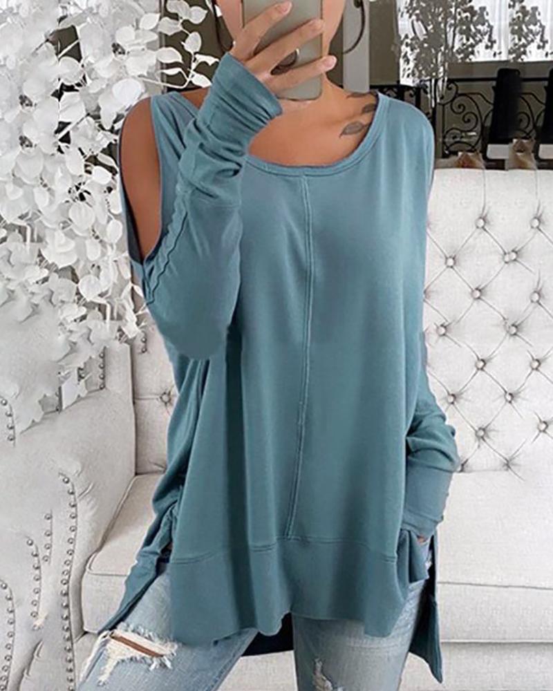 

Cold Shoulder Long Sleeve Casual Top, Blue