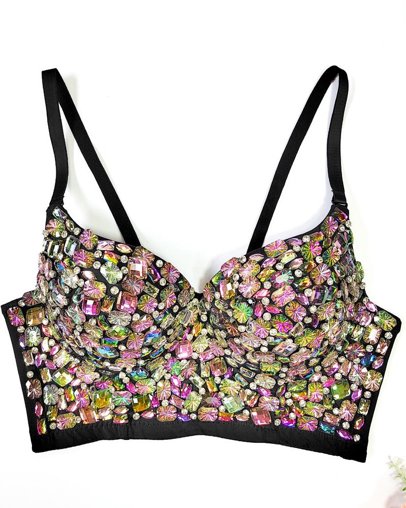 

Colorful Gem Stone Decor Crop Top, Black