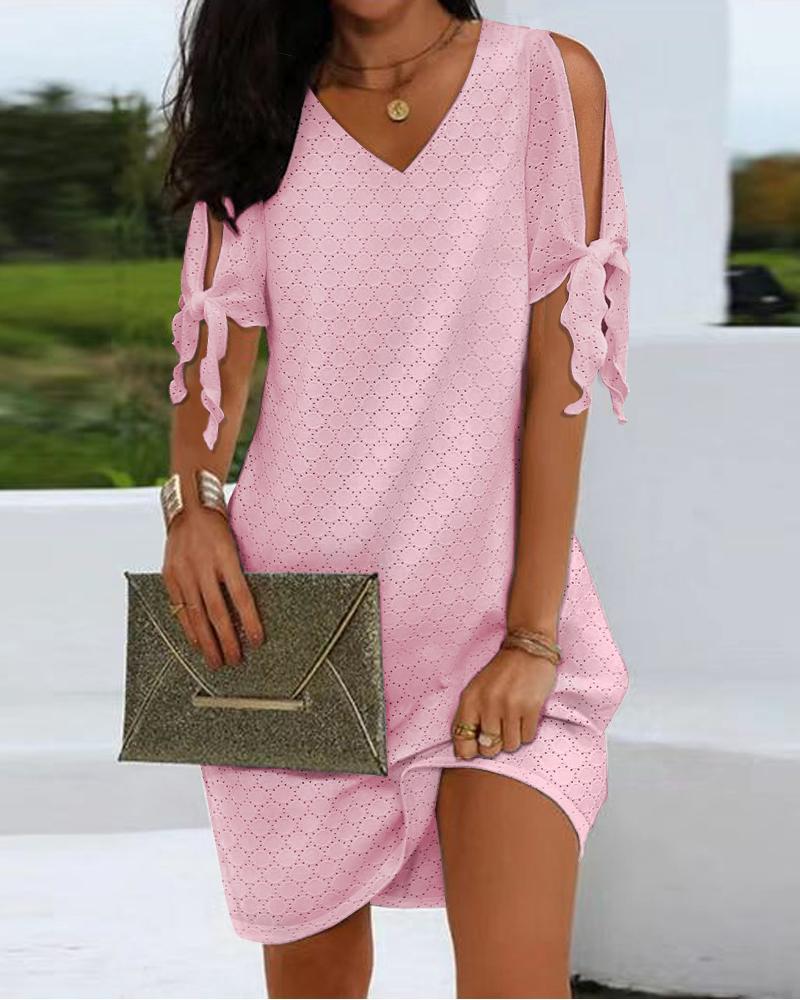 

Hollow Out Split Sleeve Tied Detail Casual Dress, Pink