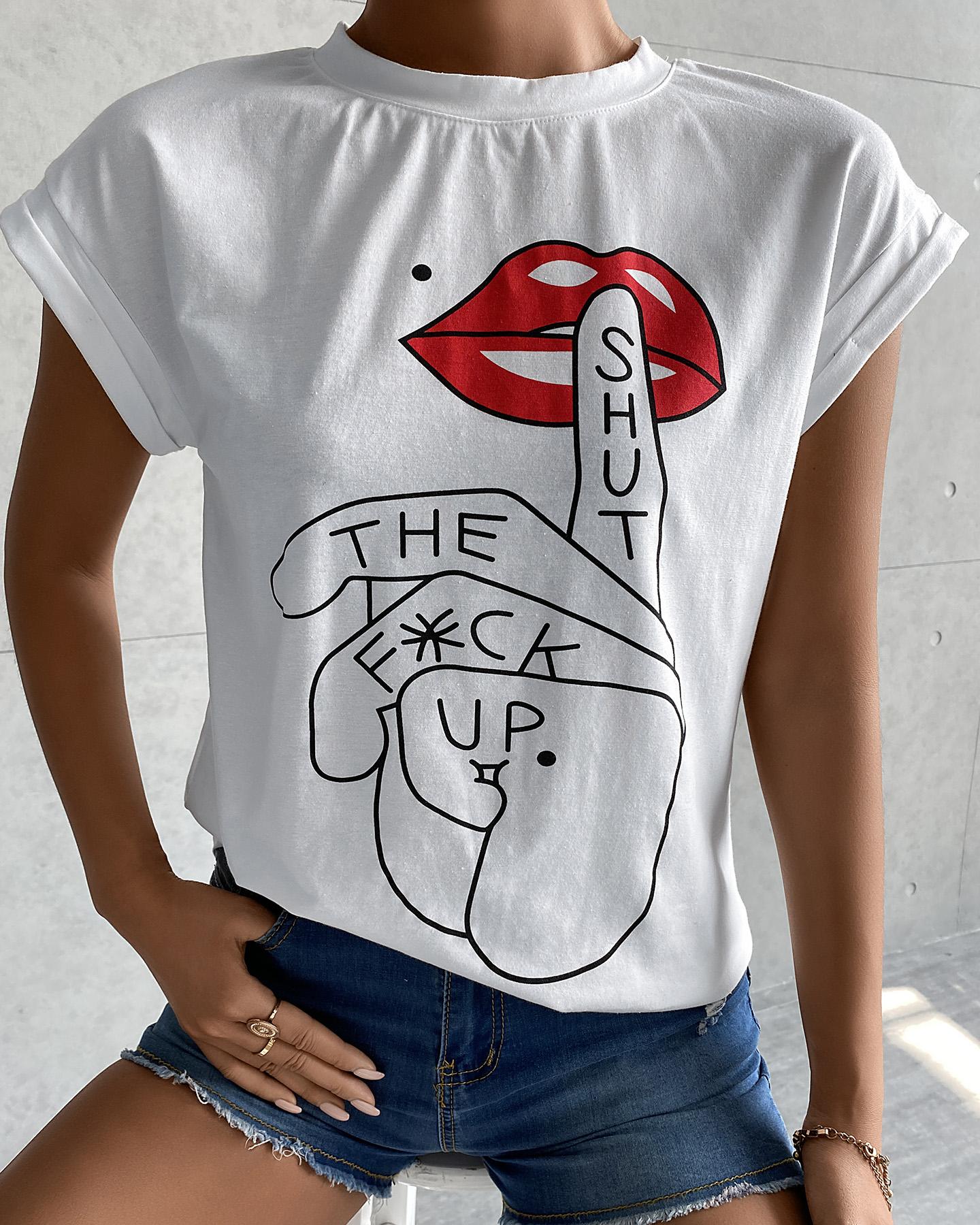 

Slogan Print Short Sleeve Casual Top, White