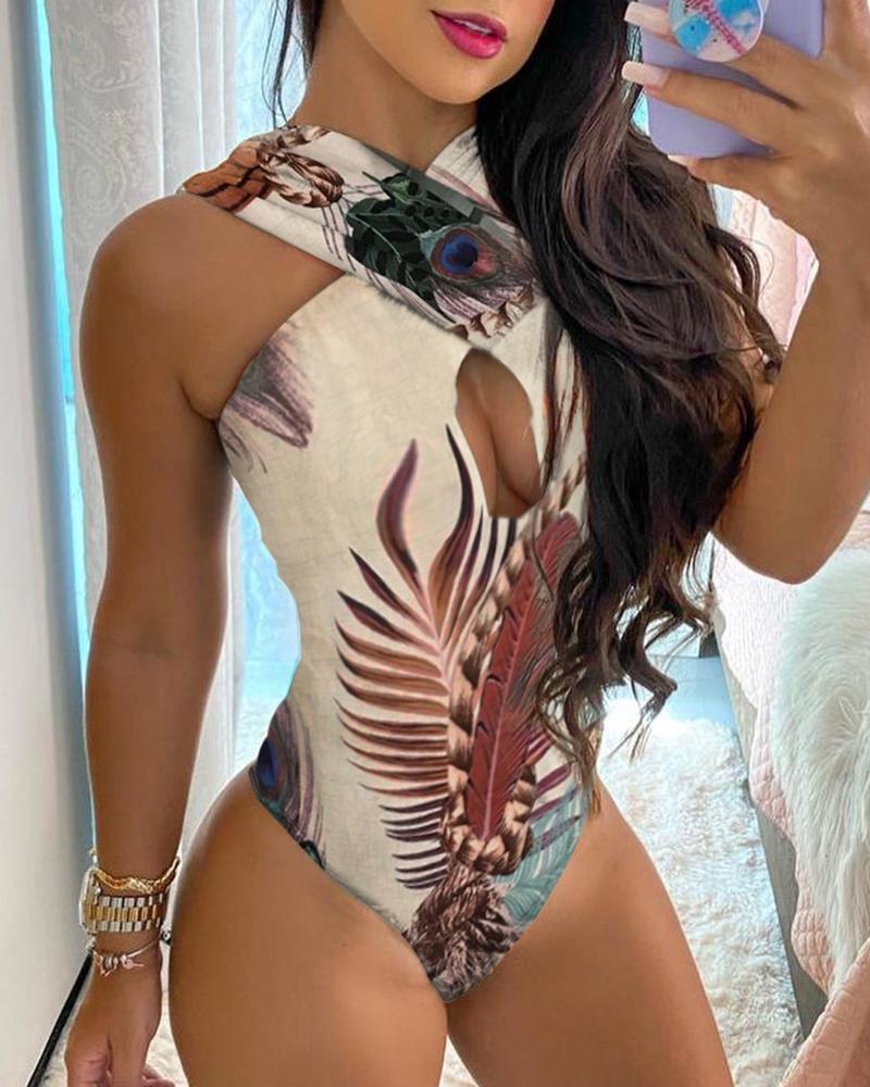 

Leaf Print Cutout Crisscross Halter One Piece Swimsuit, Khaki