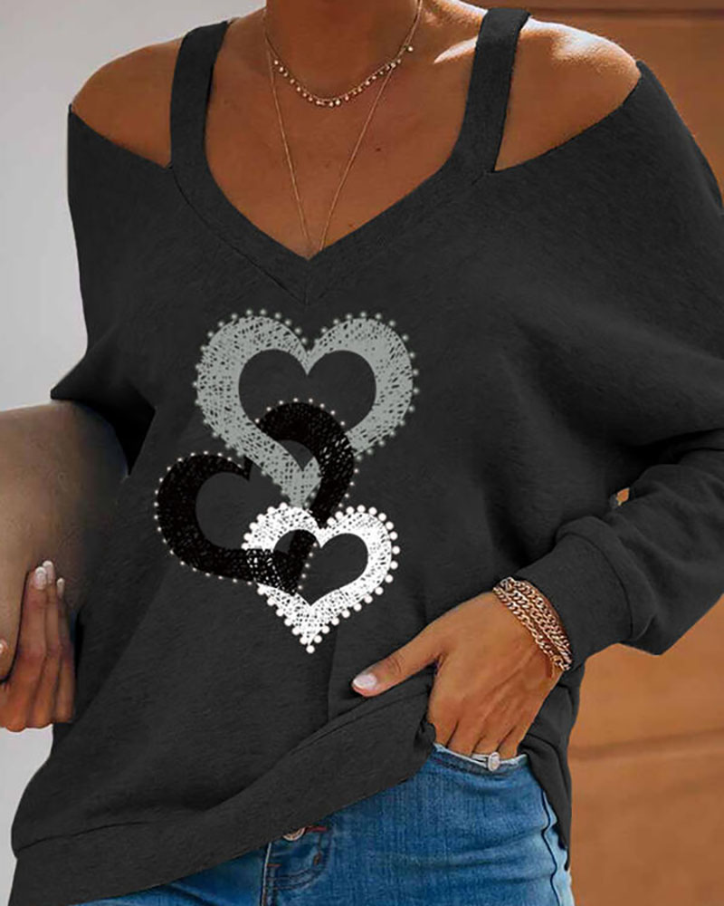 

Valentine' Day Heart Print Cold Shoulder Top, Black
