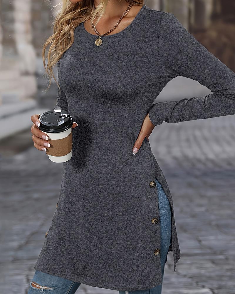 

Side Button Slit Longline Top, Gray