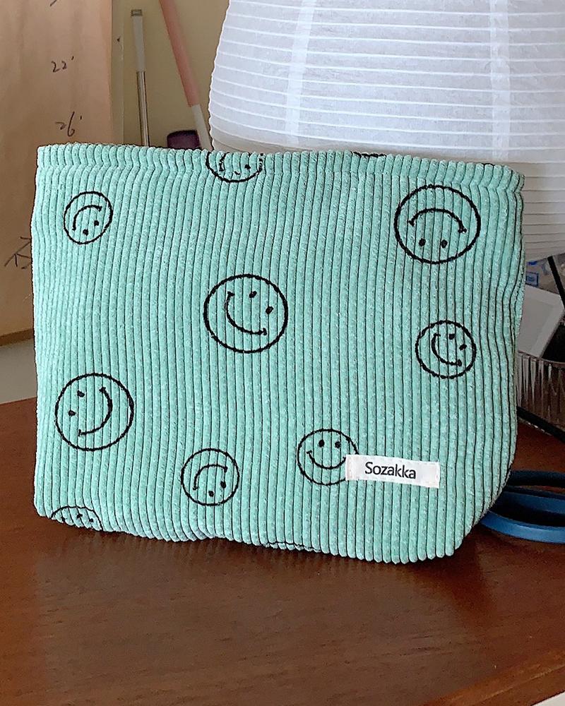 

Smiley Face Corduroy Makeup Toiletry Bag Storage Handbag Accessories Organizer, Green