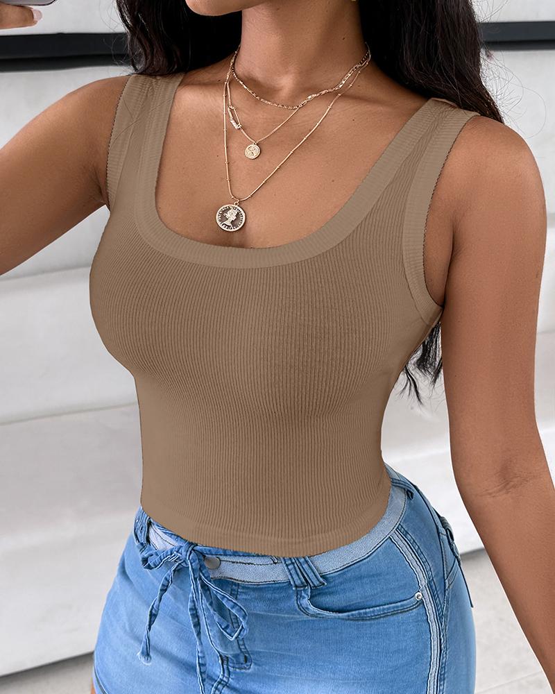 

Scoop Neck Sleeveless Ribbed Tank Top Cami Tee Shirts, Khaki