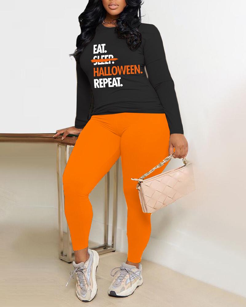 

Plus Size Letter Print Long Sleeve Casual Top & Pants Set, Orange