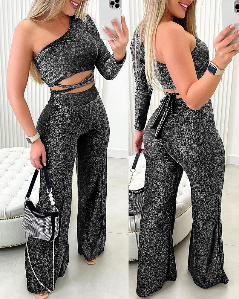 

One Shoulder Tied Detail Crop Top & Wide Leg Pants Set, Dark grey