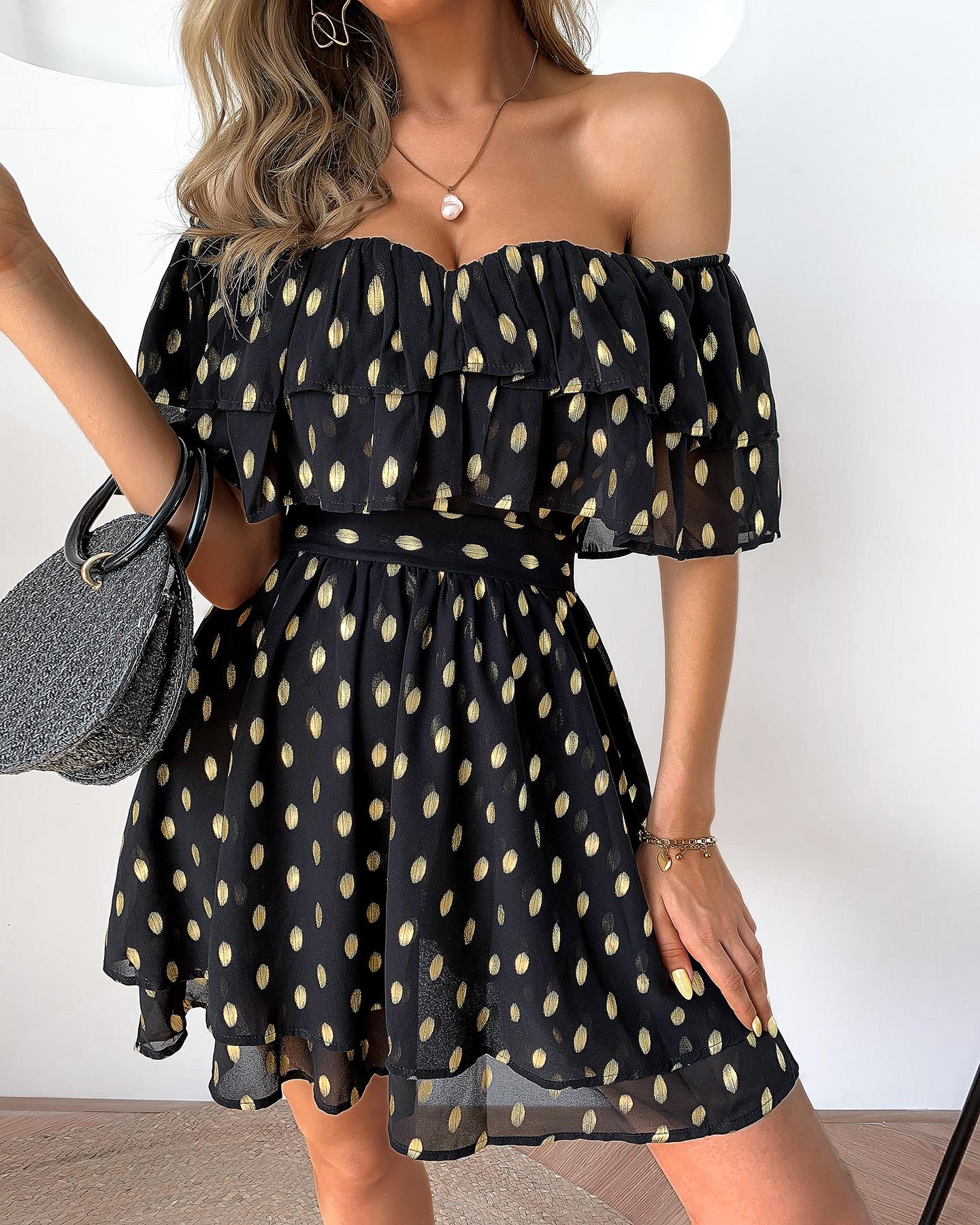 

Off Shoulder Sequin Polka Dots Ruffles Dress, Black