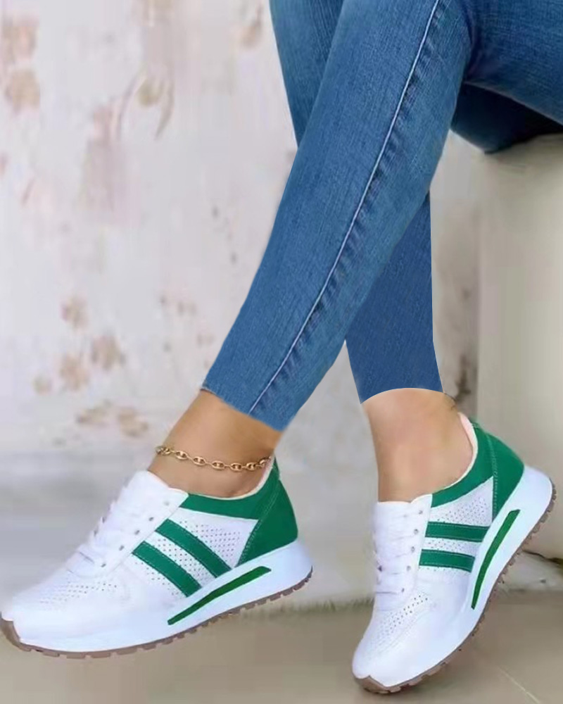 

Colorblock Lace-up Casual Sneakers, White&green