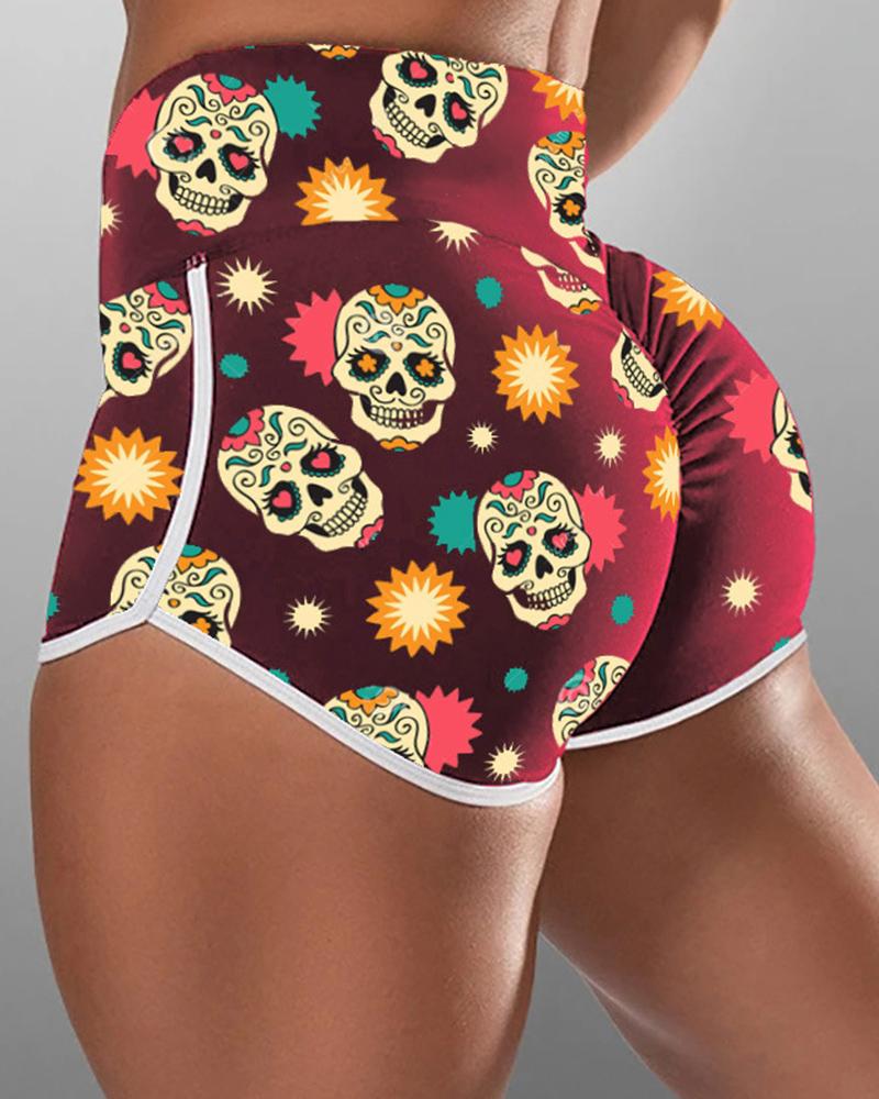 

Skeleton Patterns Print Loose Slit Shorts, Red