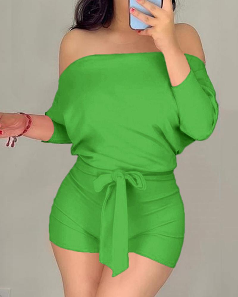 

Batwing Sleeve Off Shoulder Tied Detail Romper, Light green