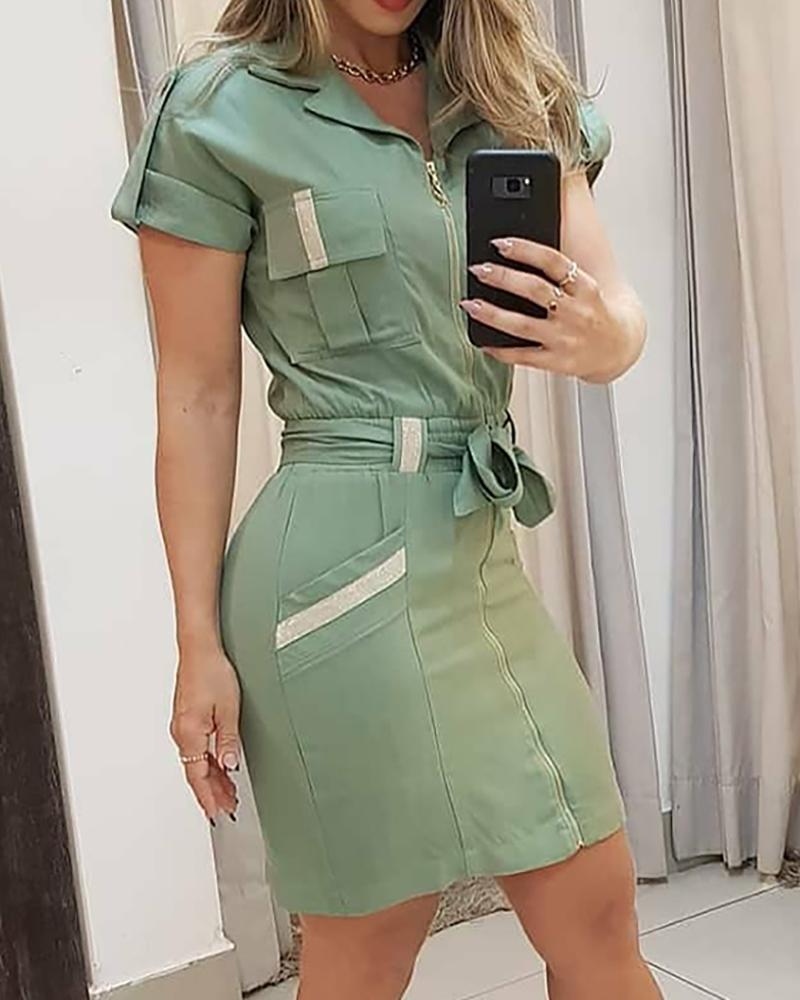 

Striped Colorblock Zip Front Shirt Dress, Green