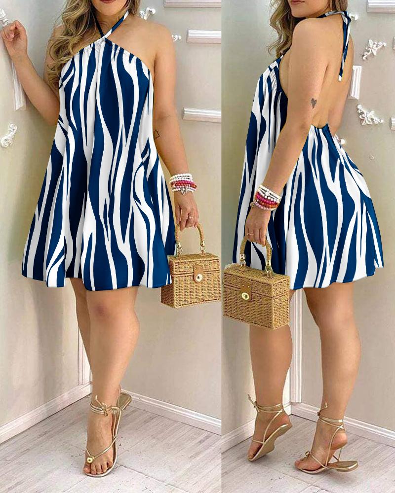 

Zebra Stripe Print Halter Backless Casual Dress, Blue