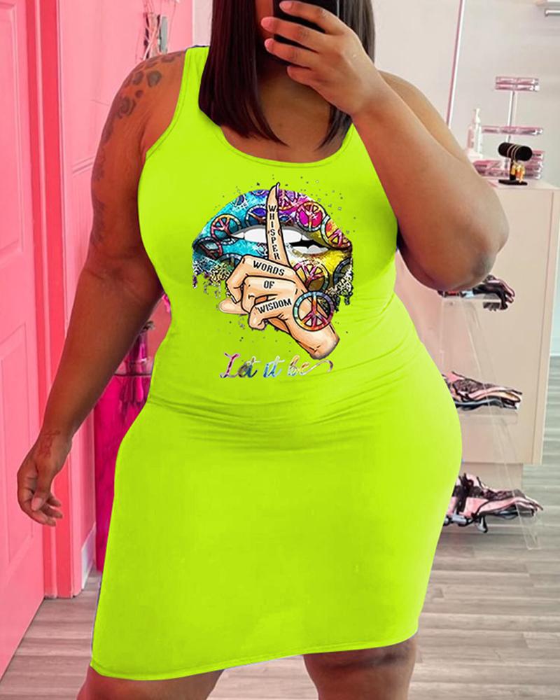 

Plus Size Slogan Print Casual Tank Dress, Lvs green