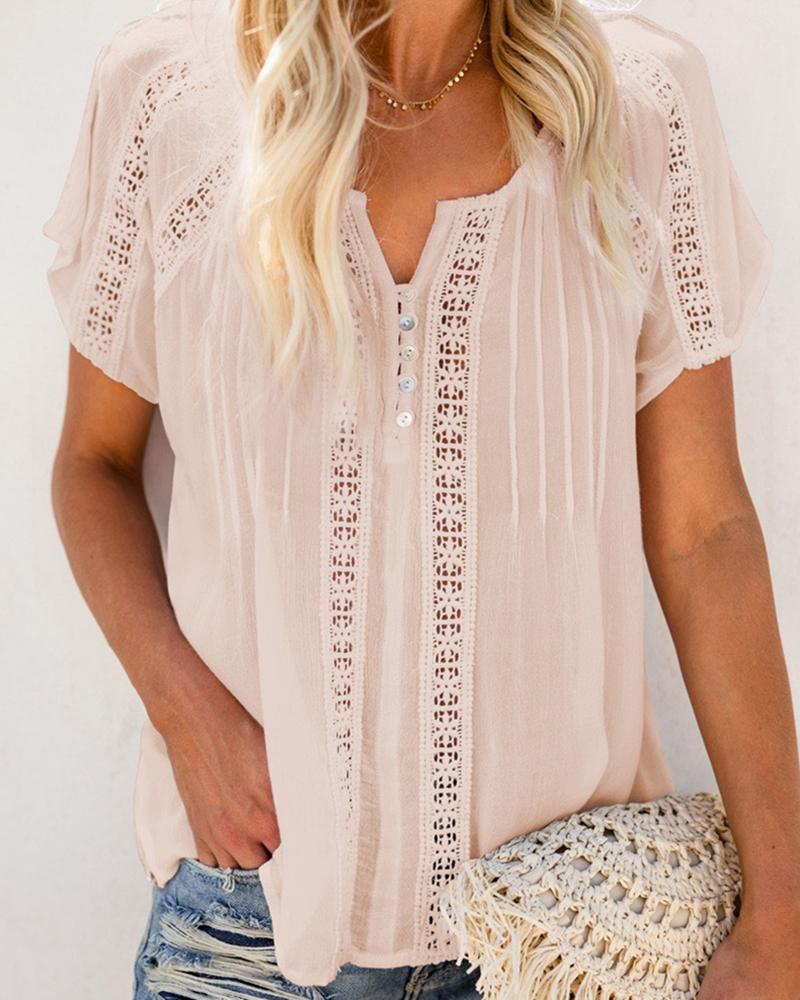 

Plain Hollow Out Lace Button Design Top, Apricot