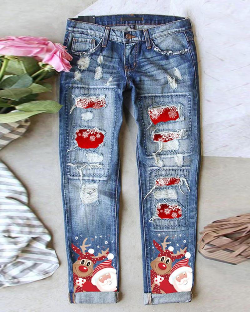 

Christmas Reindeer Santa Claus Snowflake Print Ripped Jeans, Dark blue