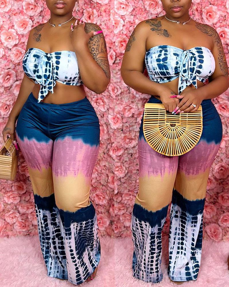 

Plus Size Tie Dye Print Crop Tube Top & Pants Set, Blue