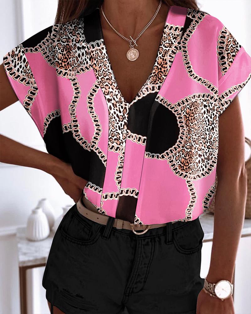 

V-neck Short Sleeve Colorblock Casual Top, Hot pink