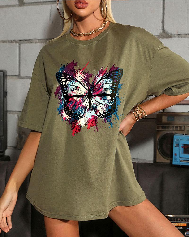 

Multicolor Butterfly Print Short Sleeve T-shirts, Green