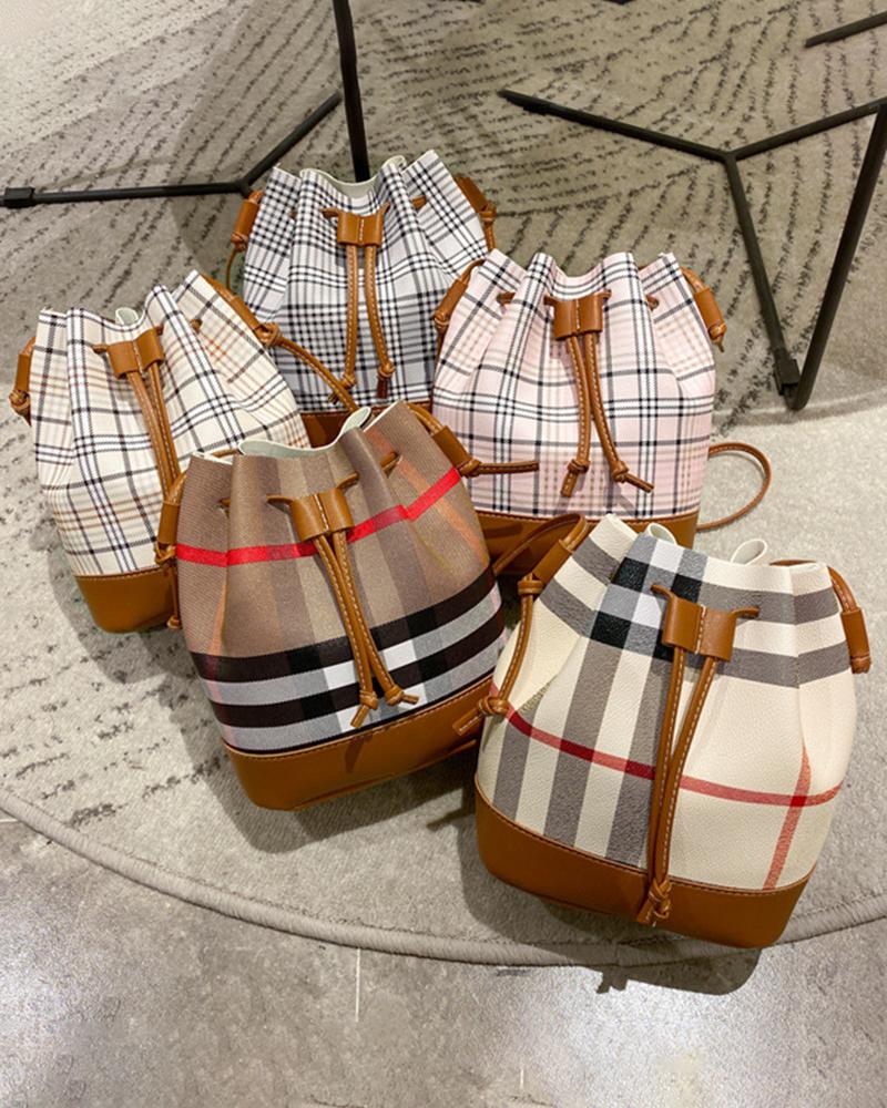 

Plaid Print Drawstring Bucket Bag, Style1