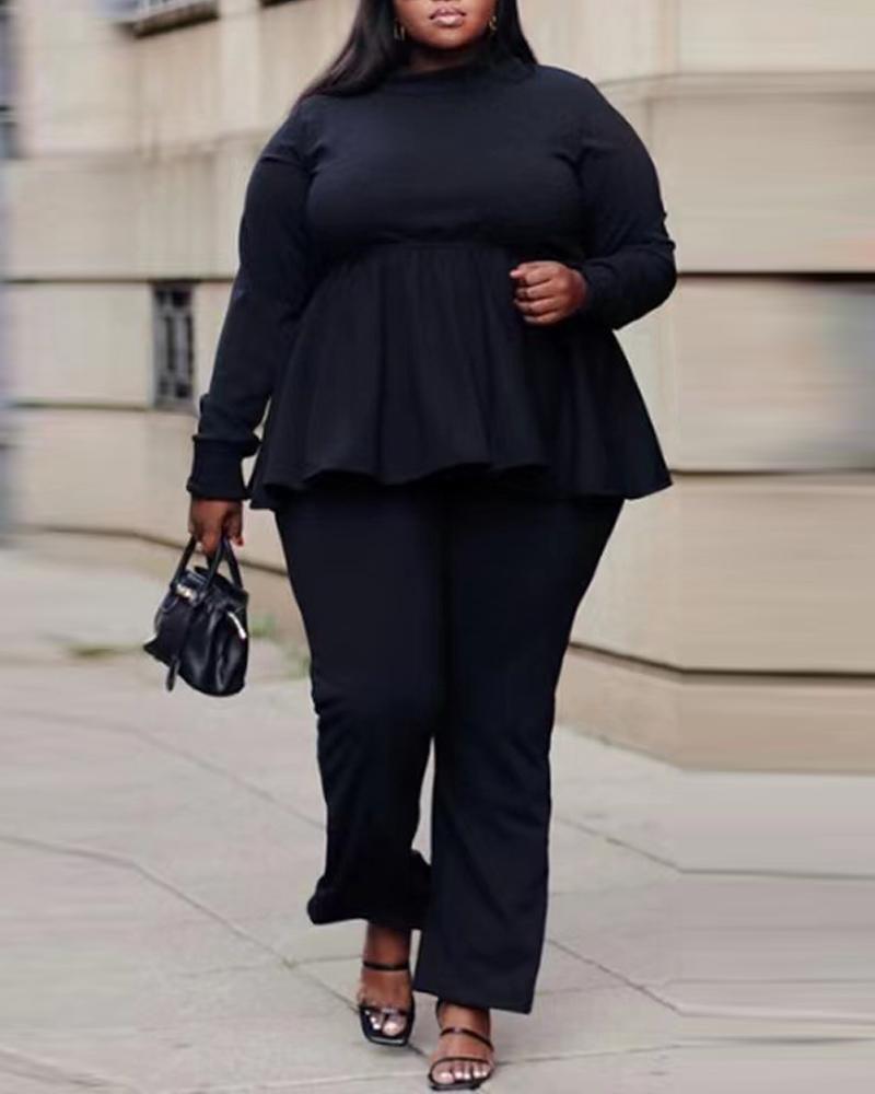 

Plus Size Long Sleeve Top & Pants Set, Black