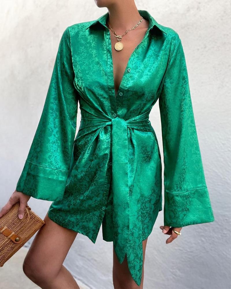 

Floral Jacquard Tie Front Button Down Shirt Dress, Green