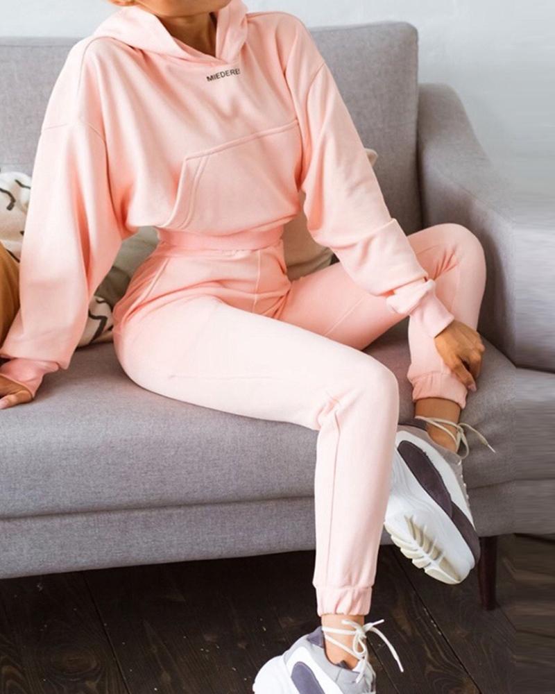 

Letter Print Hooded Top & High Waist Pants Set, Pink