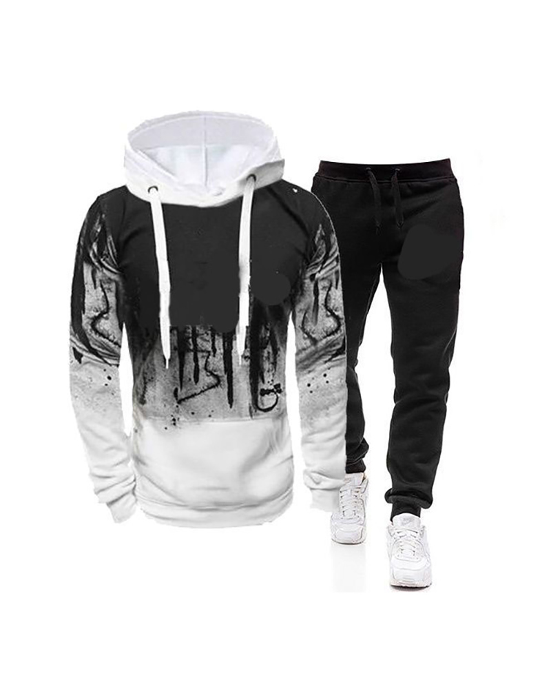 

Men Letter Pattern Colorblock Hooded Top & Pants Set, White