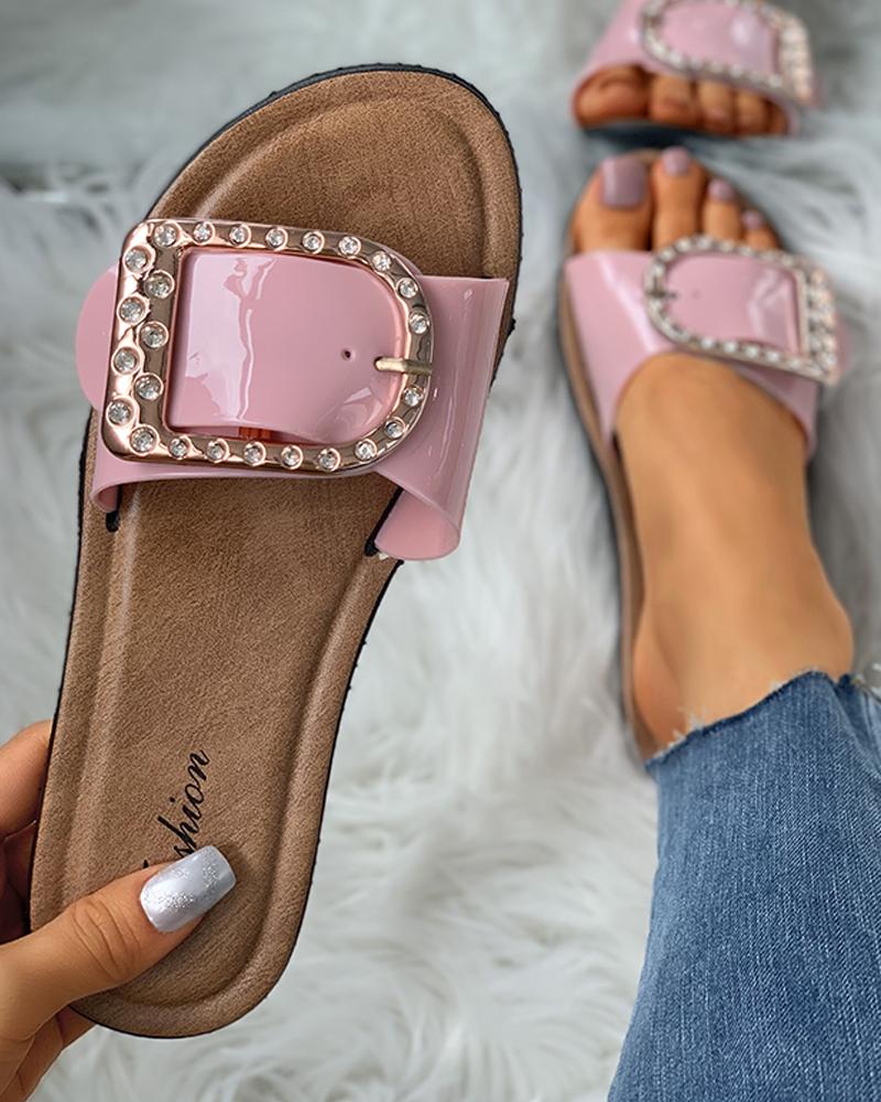

Studded D-Buckle Design Flat Sandals, Pink