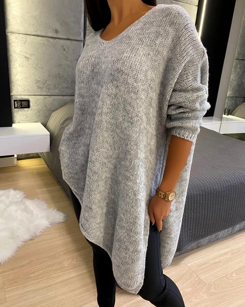 

V-Neck Long Sleeve Asymmetrical Knit Sweater, Light gray