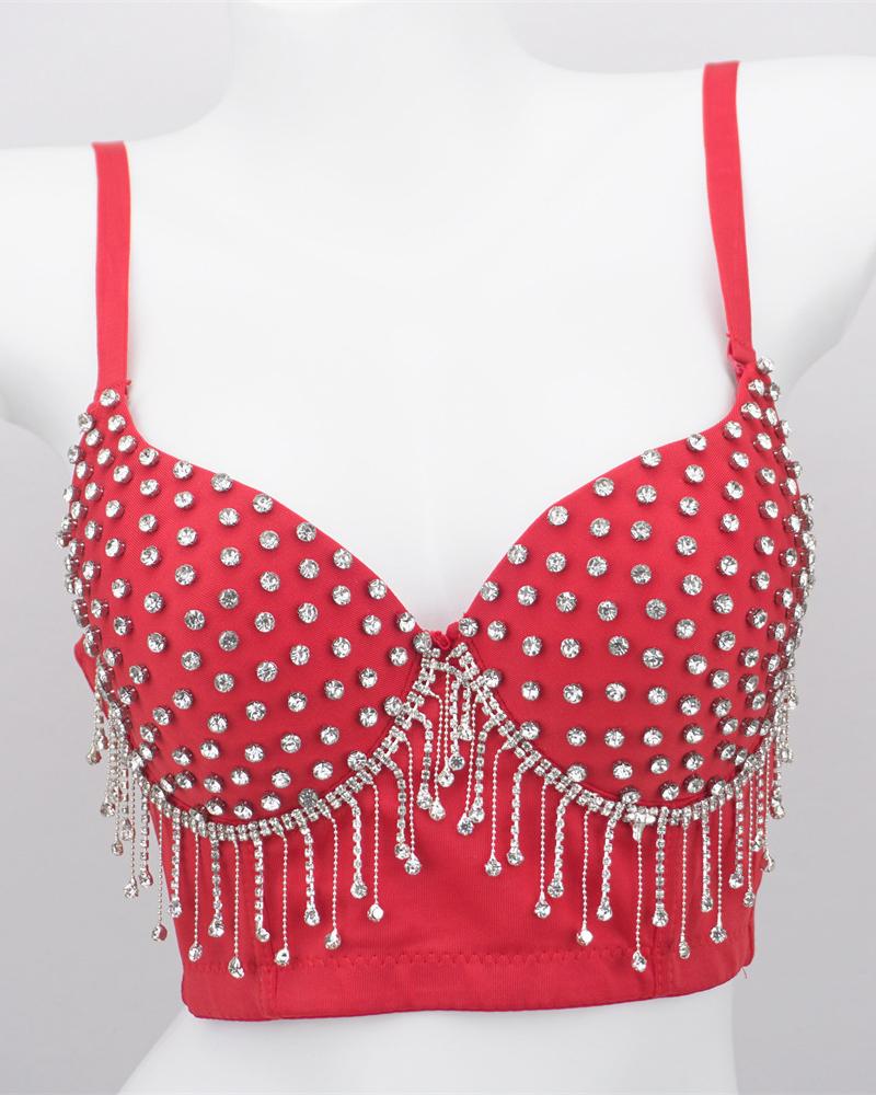 

Studded Rhinestone Tassel Design Crop Corset Top, Red