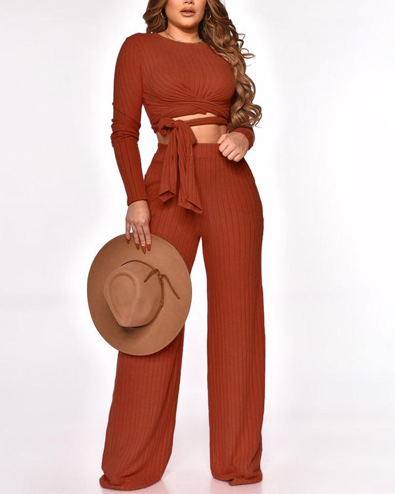 

Long Sleeve Tied Detail Crop Ribbed Top & Pants Set, Orange