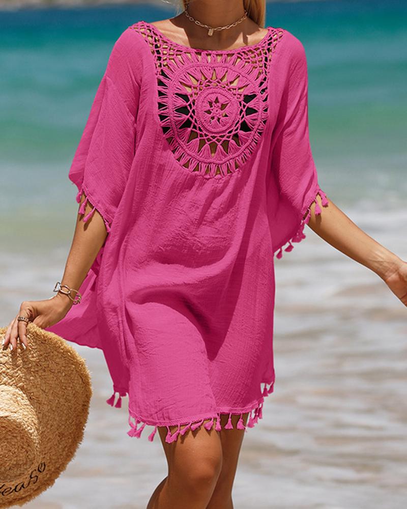 

Hollow Out Geometric Pattern Tassel Design Cover Up Dress, Hot pink