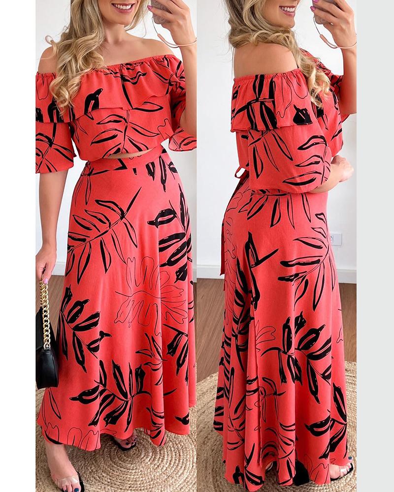 

Plants Print off Shoulder Top & Skirt Set, Red