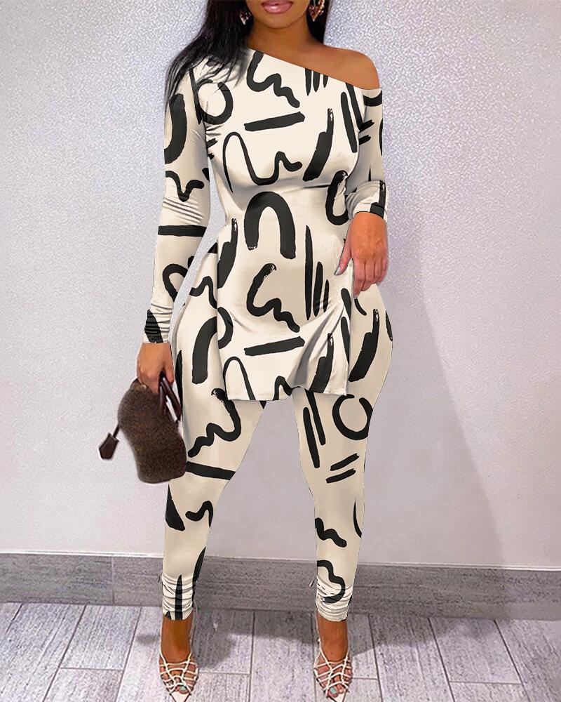

Abstact Print Split Hem Long Sleeve Top & Pants Set, Apricot