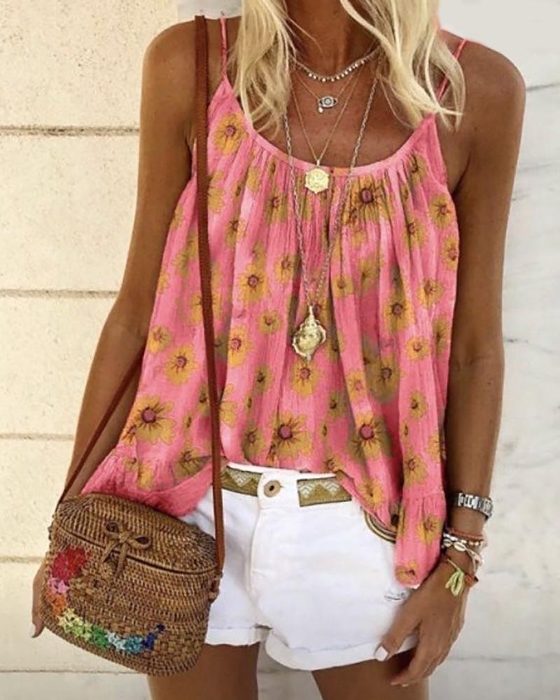 

Daisy Print Spaghetti Strap Casual Top, Pink